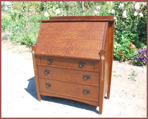 ...(ITEM RETIRED)...   Custom Arts & Crafts Oak Drop Front Desk with Pewter, Copper and Curly Maple Inlay   